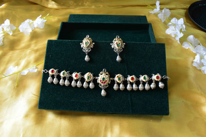 Pacchi Kundan Silver Tone Choker Set with Earrings | Indian Fusion Bridal Jewelry