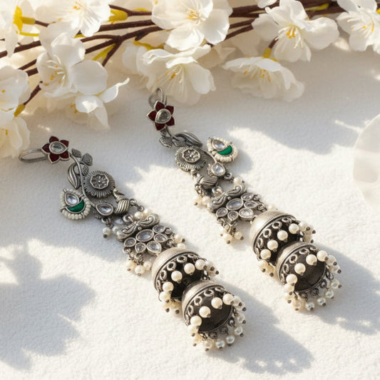 Adira Floral Earcuff Jhumkas In German Silver Pacchi Kundan Pearl Earrings by Alankrent