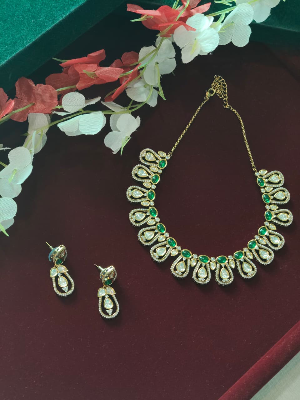 Haritāmruta Polki Haar Set | Emerald Green Uncut Polki Moissanite Necklace Set with Earrings | Traditional Indian Jewellery
