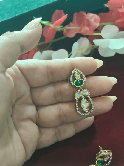 Haritāmruta Polki Haar Set | Emerald Green Uncut Polki Moissanite Necklace Set with Earrings | Traditional Indian Jewellery