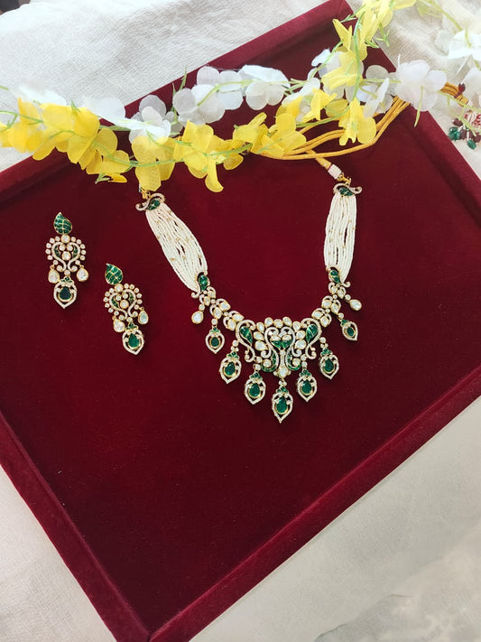 Marakatābhā Polki Choker Set | Emerald Polki Moissanite Choker Necklace Set with Earrings | Traditional Indian Jewellery