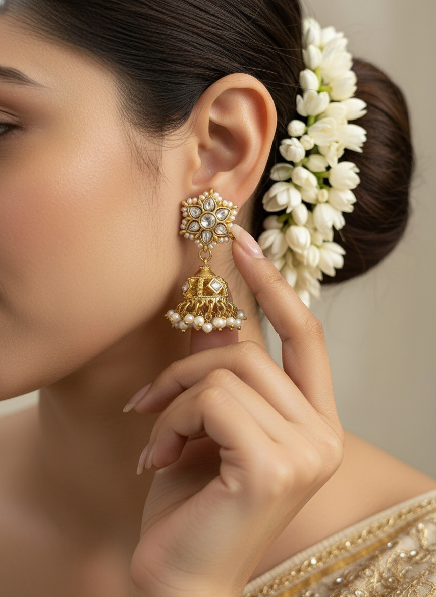Close-up of a woman wearing gold earrings with a blurred background