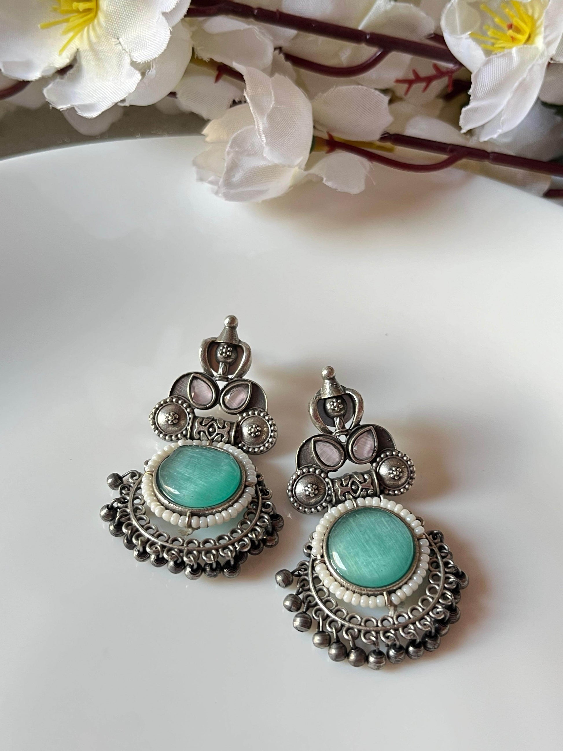 Heritage Stone Oxidised Earrings - Alankrent Luxe