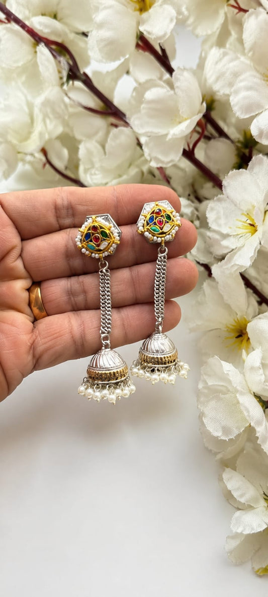 Mrinalini Dual Tone Fusion Pachi Kundan Chain Jhumka Earrings | Premium Brass SLA Earrings | Antique Indian Jewellery | Alankrent Luxe