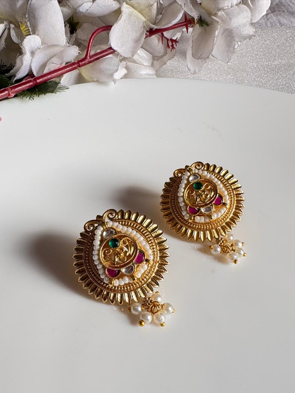 Suvarnarekha Kundan Matt Earrings | Gold Matt Kundan Earrings with Pearl Drops | Apala Polish Traditional Indian Jewellery
