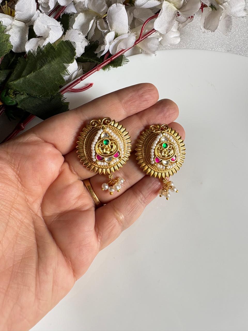 Suvarnarekha Kundan Matt Earrings | Gold Matt Kundan Earrings with Pearl Drops | Apala Polish Traditional Indian Jewellery