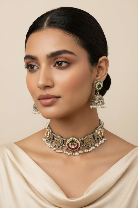 Bestseller Kundan Dual Tone Choker with Jhumkis | Brass Base Silver Look Alike Polish | Kundan Fusion Necklace Set – Limited Edition