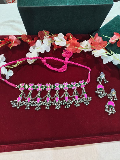 Gulrukh Rangmala Afghani Choker Set | Pink Afghani Choker with Mirror Detailing & Long Earrings | Multicolour Ethnic Jewellery Set