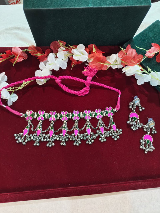 Gulrukh Rangmala Afghani Choker Set | Pink Afghani Choker with Mirror Detailing & Long Earrings | Multicolour Ethnic Jewellery Set