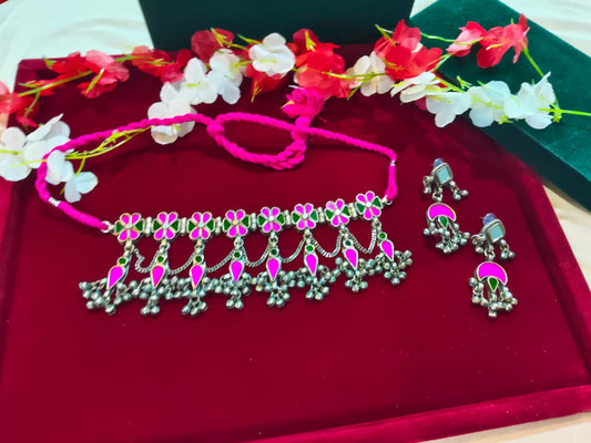 Gulrukh Rangmala Afghani Choker Set | Pink Afghani Choker with Mirror Detailing & Long Earrings | Multicolour Ethnic Jewellery Set