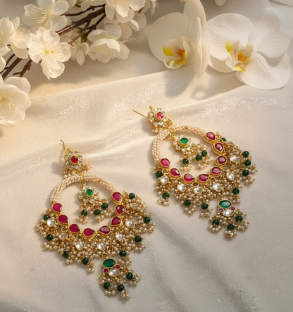 Pair of ornate earrings with gemstones on a textured white background