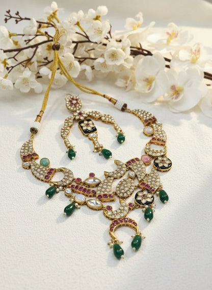 Malaika Arora-Inspired Polki Fusion Necklace Set | Multistone Designer Choker with Earrings | Brass Base Jewellery