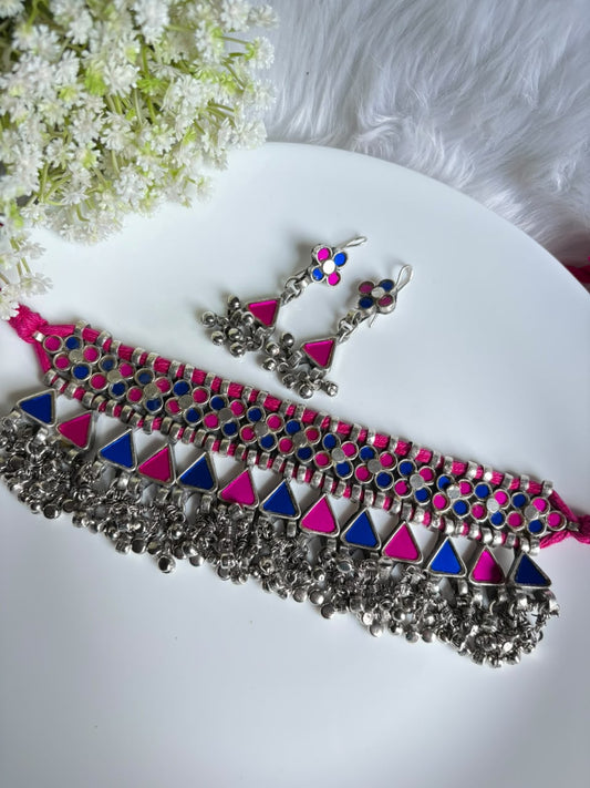 Navarangi Mrigakshi Afghani Choker Set | Afghani Mirror Work Choker Necklace with Earrings | Traditional Navratri Ethnic Jewellery 2026