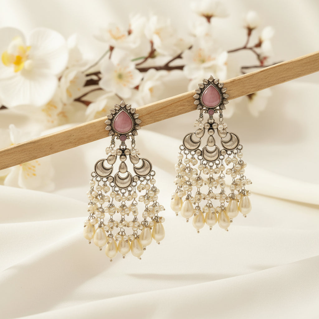 Ornate earrings with pearls and pink stones on a wooden stick against a brown background