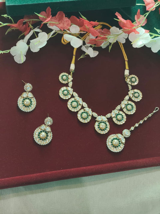 Haritā Ratnavali Polki Set | Emerald Green Uncut Polki Moissanite Necklace Set with Earrings | Kundan Indian Jewellery