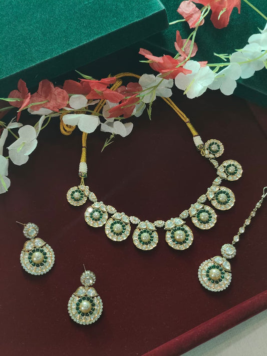 Haritā Ratnavali Polki Set | Emerald Green Uncut Polki Moissanite Necklace Set with Earrings | Kundan Indian Jewellery