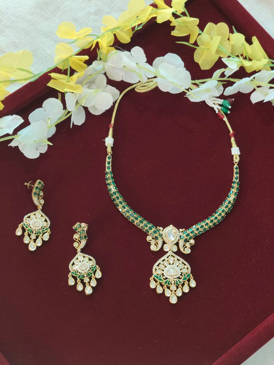 Haritā Padmā Polki Hasli Set | Emerald Uncut Polki Moissanite Hasli Necklace Set with Earrings | Traditional Indian Jewellery