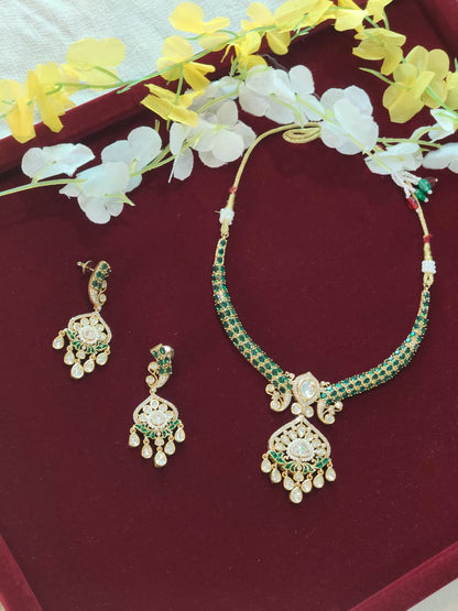 Haritā Padmā Polki Hasli Set | Emerald Uncut Polki Moissanite Hasli Necklace Set with Earrings | Traditional Indian Jewellery