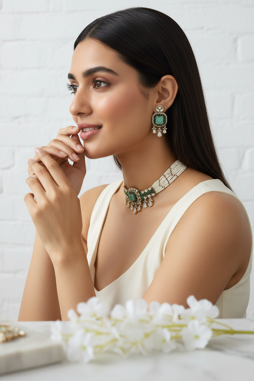 Kashvee Victorian Maharani Polki Moissanite Pearl Choker Necklace Set Green Bridal Wedding | Premium Indian Jewellery