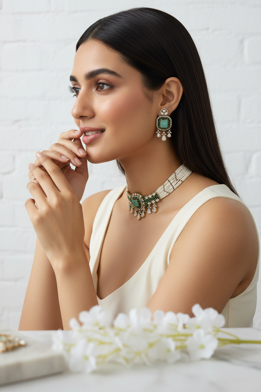 Kashvee Victorian Maharani Polki Moissanite Pearl Choker Necklace Set Green Bridal Wedding | Premium Indian Jewellery