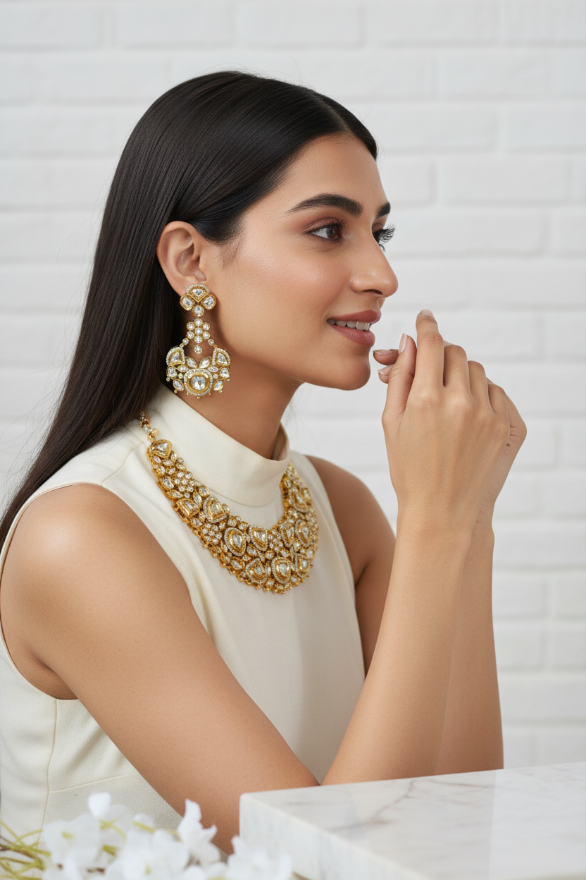 Ravisha Victorian Maharani Polki Moissanite Hasli Necklace Set Statement Bridal Wedding | Premium Indian Jewellery
