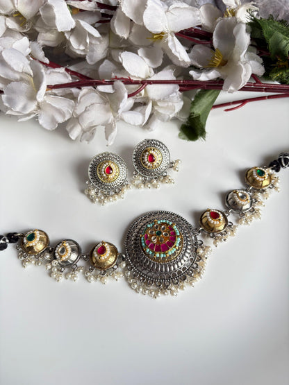 Rajwada Noor Silver Look Alike Dual Tone Pacchi Kundan Choker Necklace