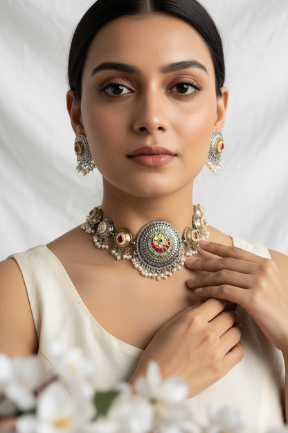 Rajwada Noor Silver Look Alike Dual Tone Pacchi Kundan Choker Necklace
