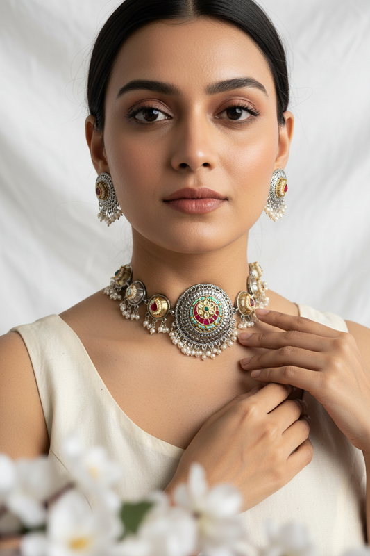 Rajwada Noor Silver Look Alike Dual Tone Pacchi Kundan Choker Necklace