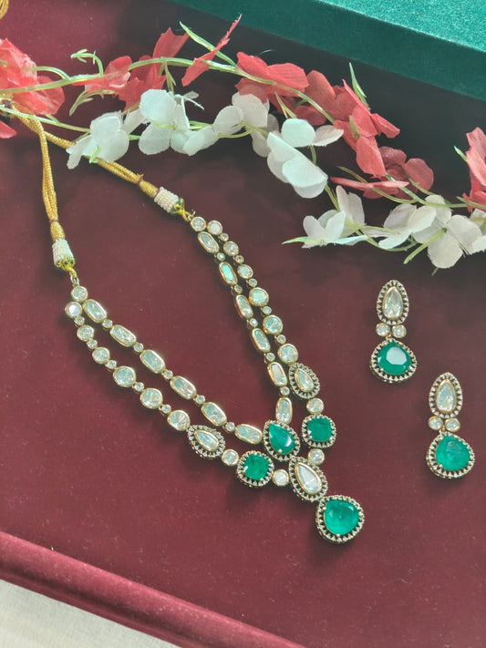 Marakata Vilāsa Victorian Necklace Set | Emerald Polki Layered Necklace Set with Earrings | Victorian Style Indian Jewellery