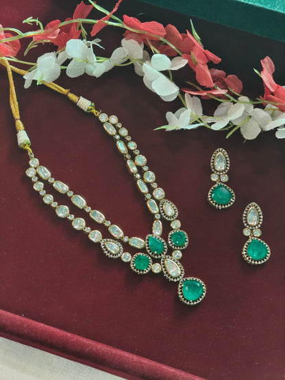 Marakata Vilāsa Victorian Necklace Set | Emerald Polki Layered Necklace Set with Earrings | Victorian Style Indian Jewellery