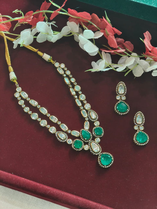 Marakata Vilāsa Victorian Necklace Set | Emerald Polki Layered Necklace Set with Earrings | Victorian Style Indian Jewellery