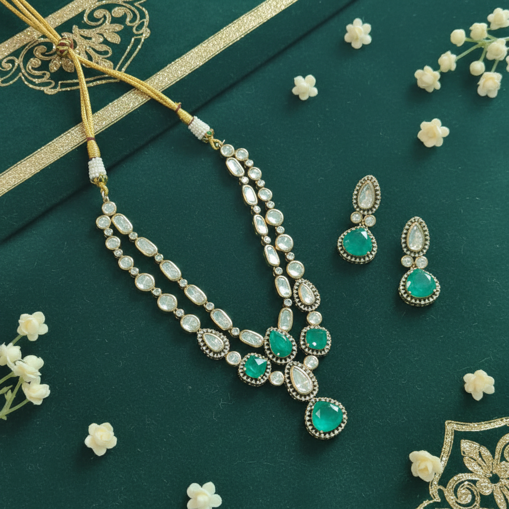 Marakata Vilāsa Victorian Necklace Set | Emerald Polki Layered Necklace Set with Earrings | Victorian Style Indian Jewellery