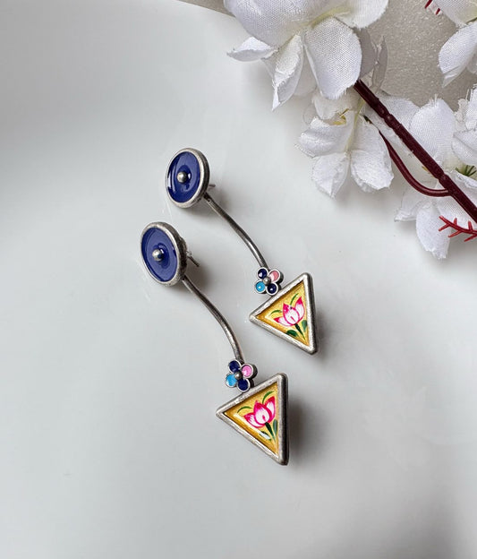 Hand-Painted Lotus Enamel Triangle Earrings – Oxidised Silver Finish