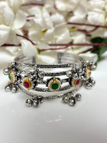 Swarangi Cuff – Gungharoo Kundan Fusion Handcuff (Silver & Golden Finish) - Alankrent Luxe