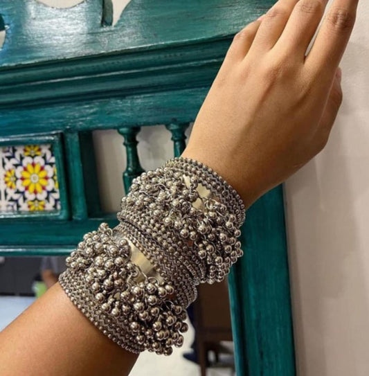 Ghungroo Oxidized Cuff Bracelet Pair - Free Size Bohemian Kada - Alankrent Luxe