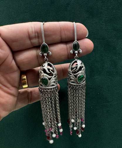 Oxidized Silver Jhumka with Stone & Pearl Drops - Alankrent Luxe