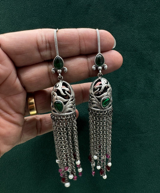 Oxidized Silver Jhumka with Stone & Pearl Drops - Alankrent Luxe