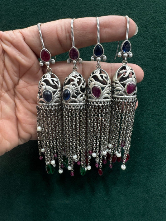 Oxidized Silver Jhumka with Stone & Pearl Drops - Alankrent Luxe