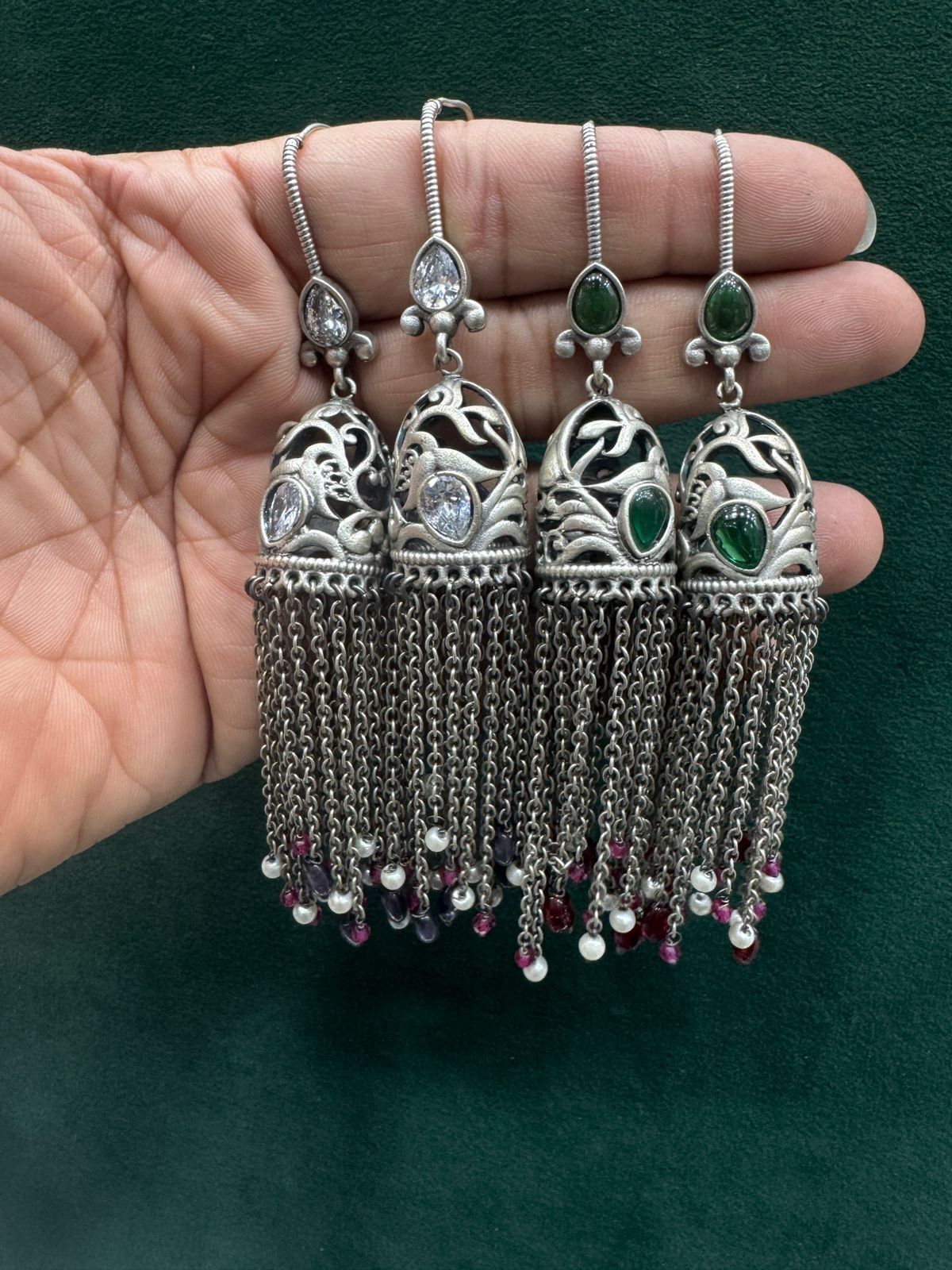 Oxidized Silver Jhumka with Stone & Pearl Drops - Alankrent Luxe