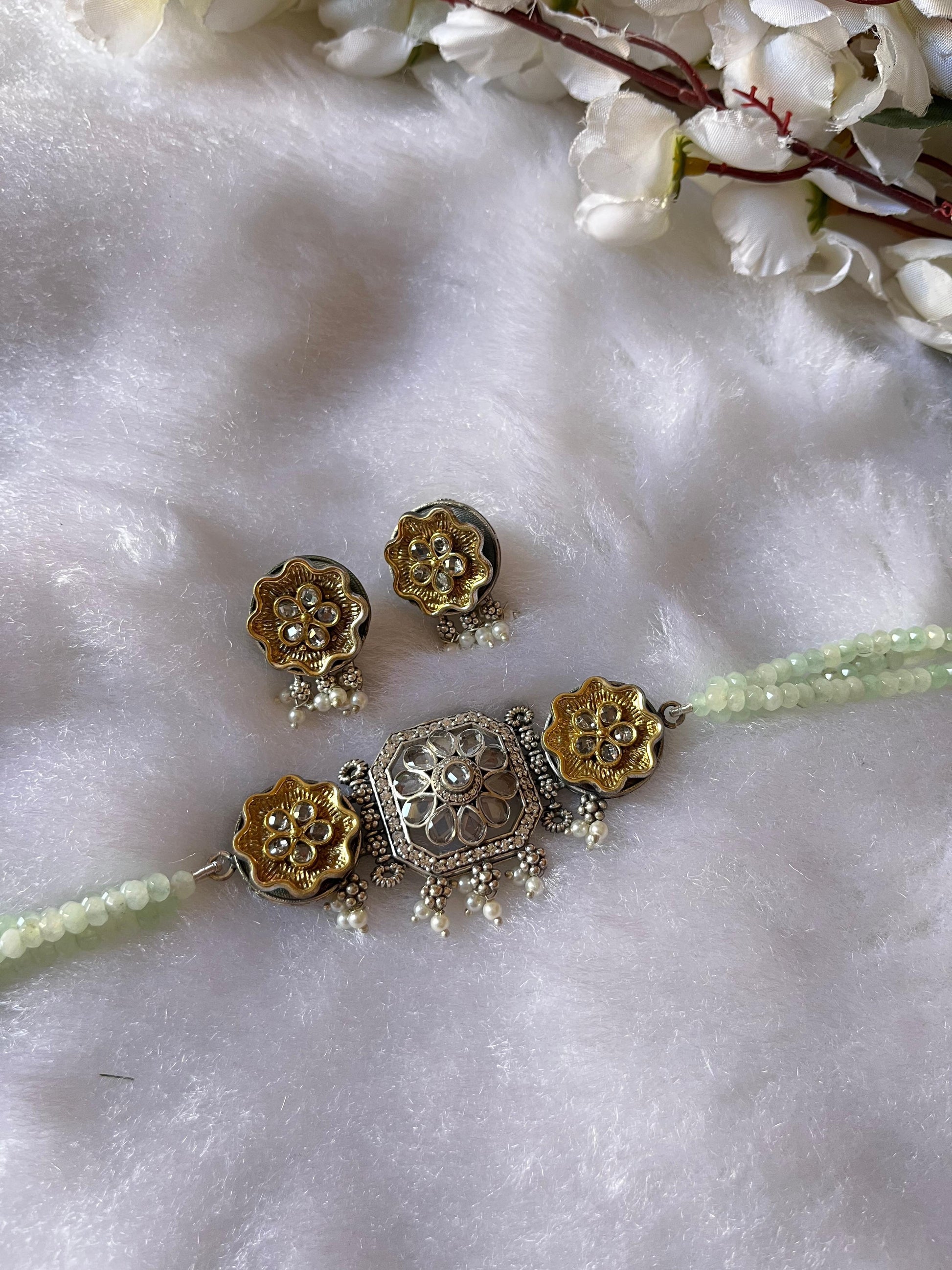 Elegant Crystal Dualtone Choker Necklace with Earrings – Ready Stock - Alankrent Luxe