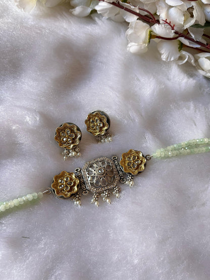 Elegant Crystal Dualtone Choker Necklace with Earrings – Ready Stock - Alankrent Luxe