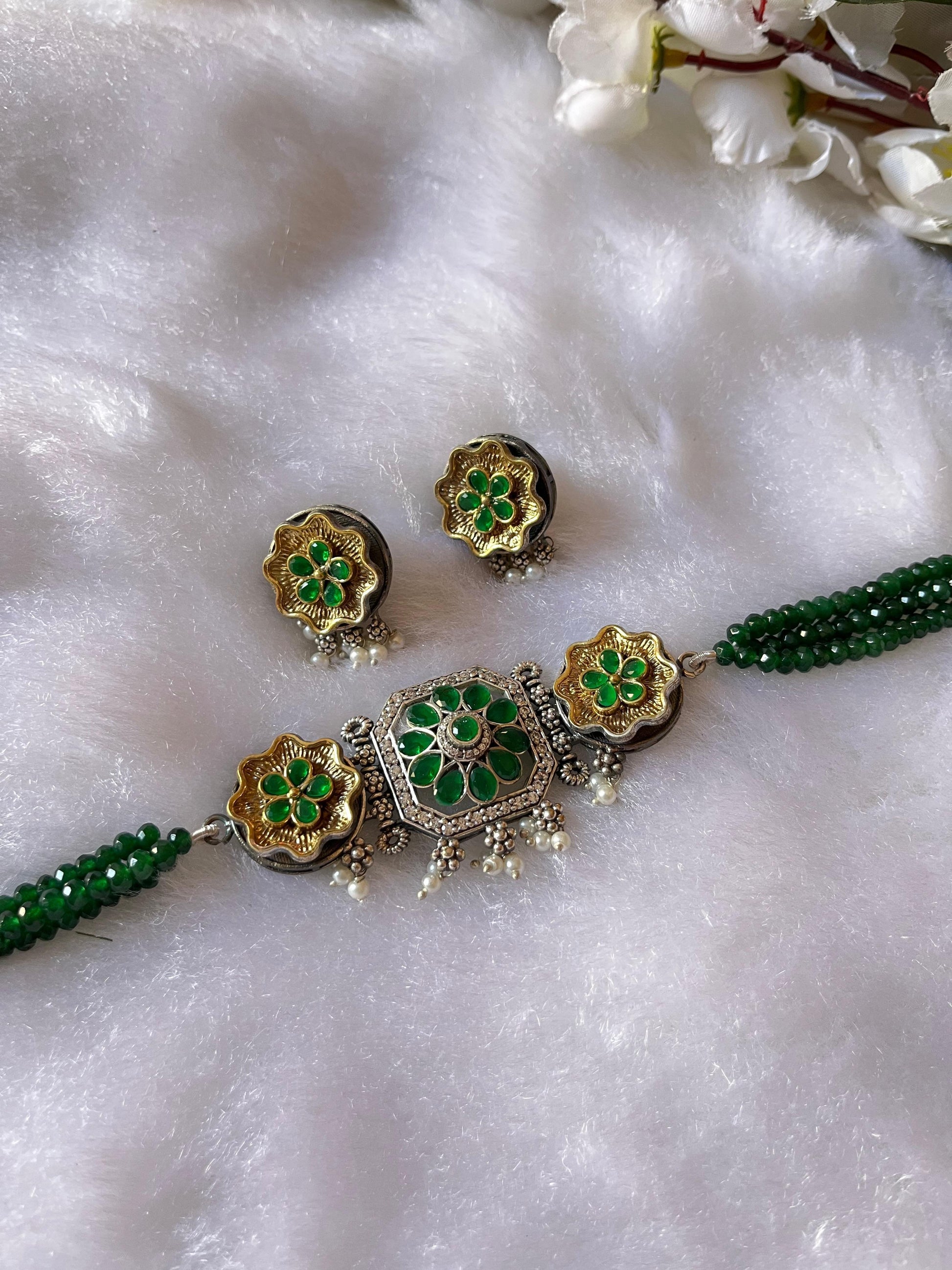 Elegant Crystal Dualtone Choker Necklace with Earrings – Ready Stock - Alankrent Luxe