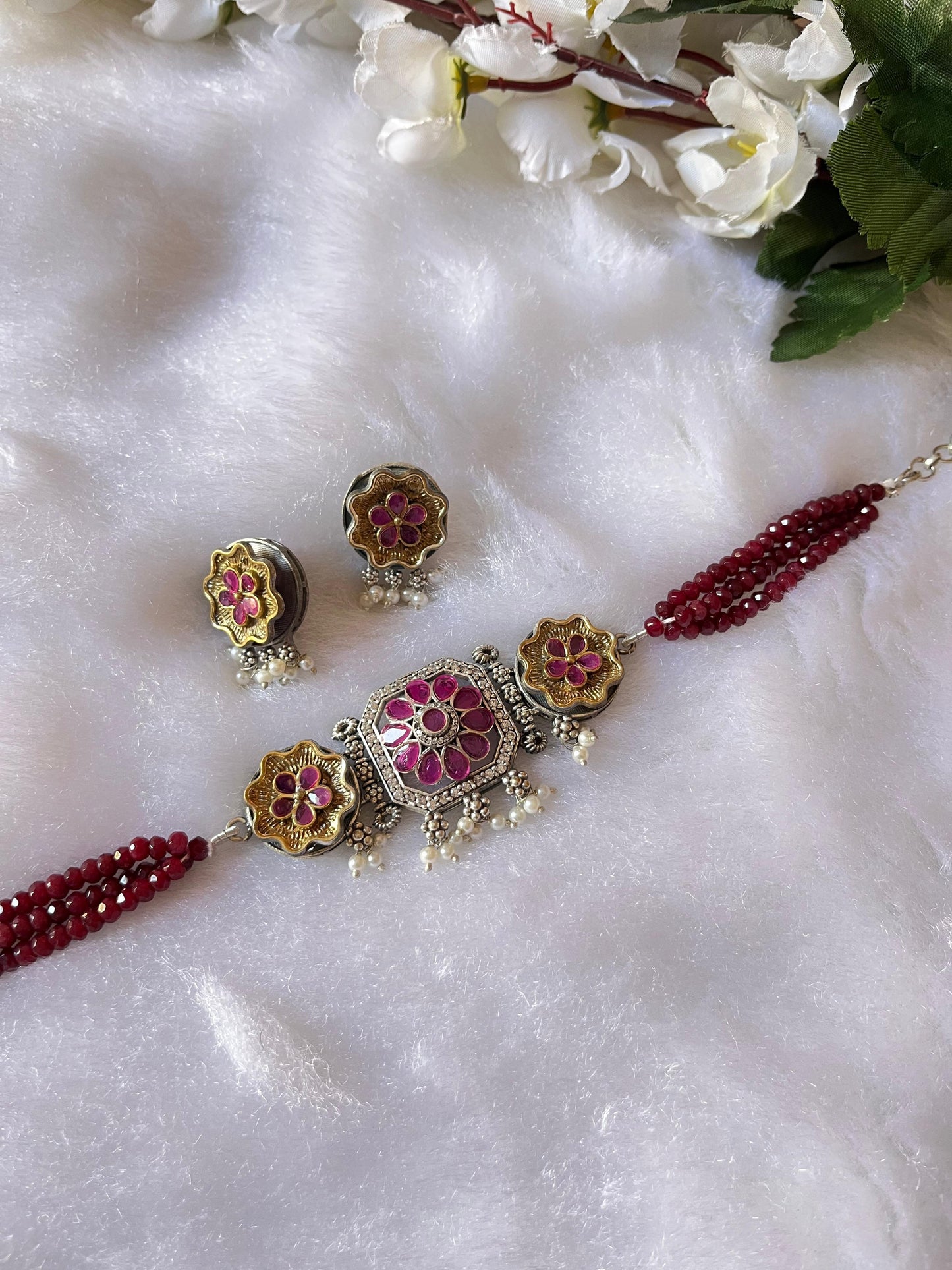 Elegant Crystal Dualtone Choker Necklace with Earrings – Ready Stock - Alankrent Luxe