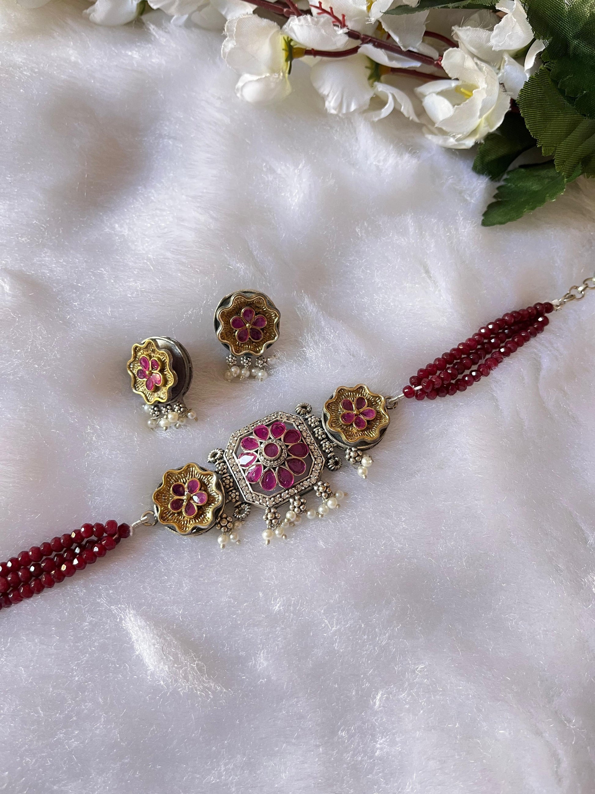 Elegant Crystal Dualtone Choker Necklace with Earrings – Ready Stock - Alankrent Luxe