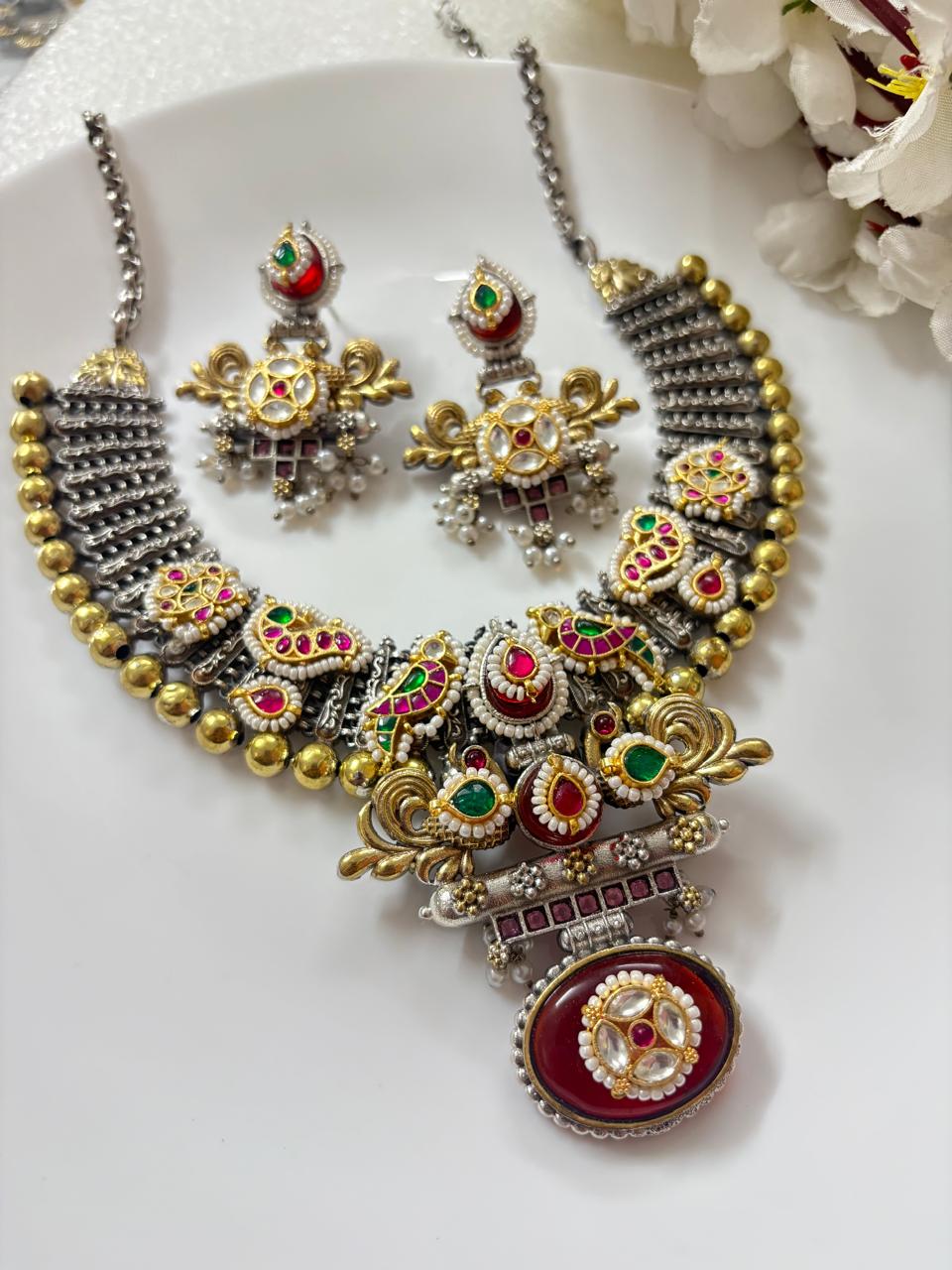 Premium Dualtone Necklace with Original Pacchi Kundan Fusion & Earrings – Ready Stock - Alankrent Luxe