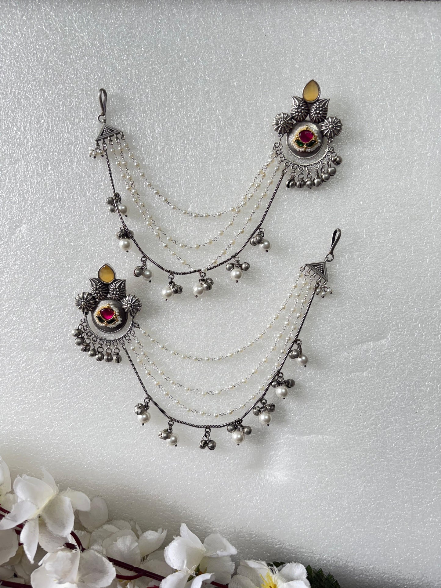 Antique Silver Long Ear Chain Earrings with Ghungroo & Pearl Layers – Traditional Ethnic Jewelry - Alankrent Luxe