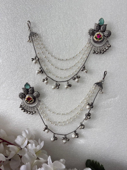 Antique Silver Long Ear Chain Earrings with Ghungroo & Pearl Layers – Traditional Ethnic Jewelry - Alankrent Luxe