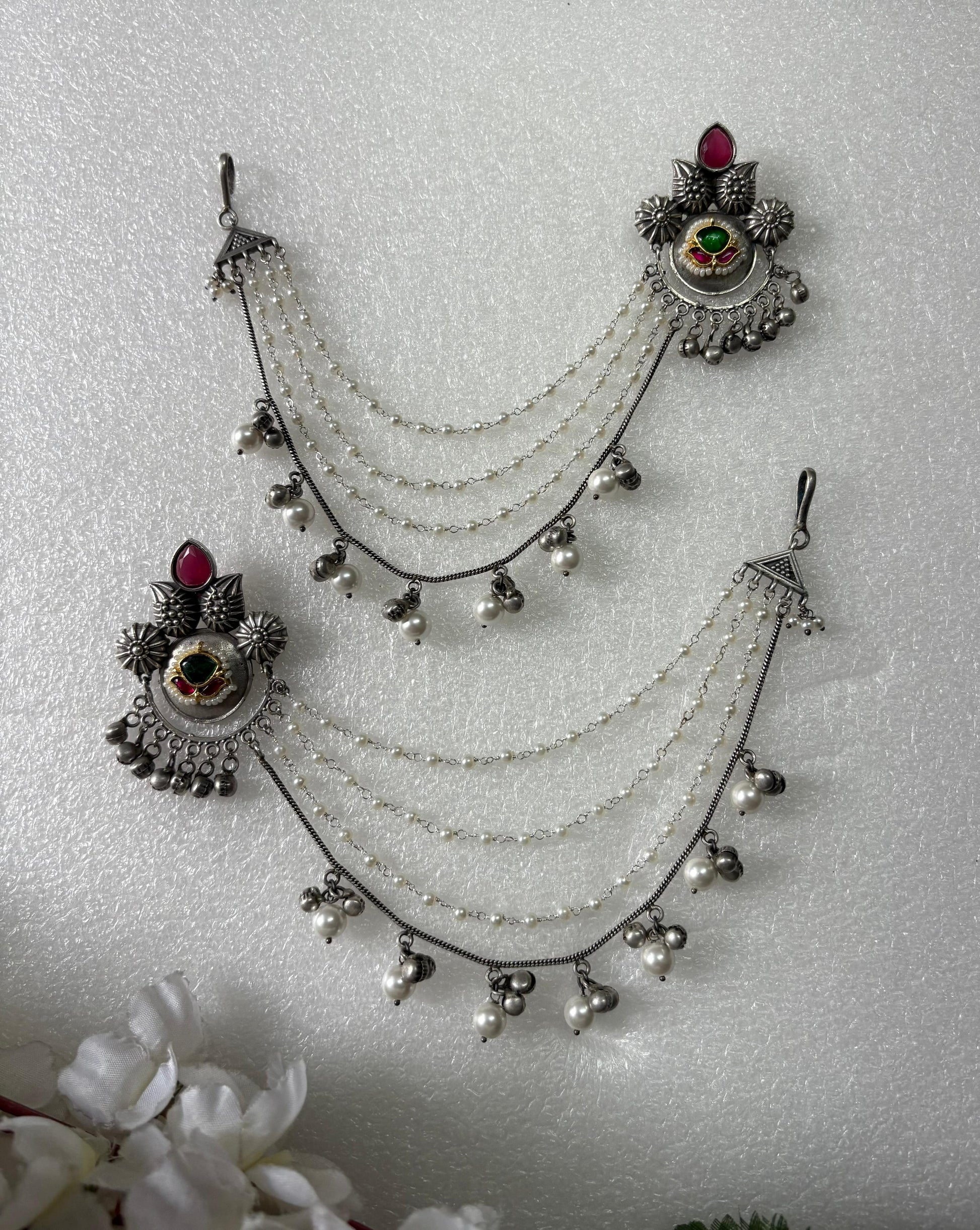 Antique Silver Long Ear Chain Earrings with Ghungroo & Pearl Layers – Traditional Ethnic Jewelry - Alankrent Luxe