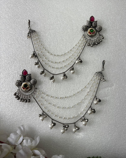 Antique Silver Long Ear Chain Earrings with Ghungroo & Pearl Layers – Traditional Ethnic Jewelry - Alankrent Luxe
