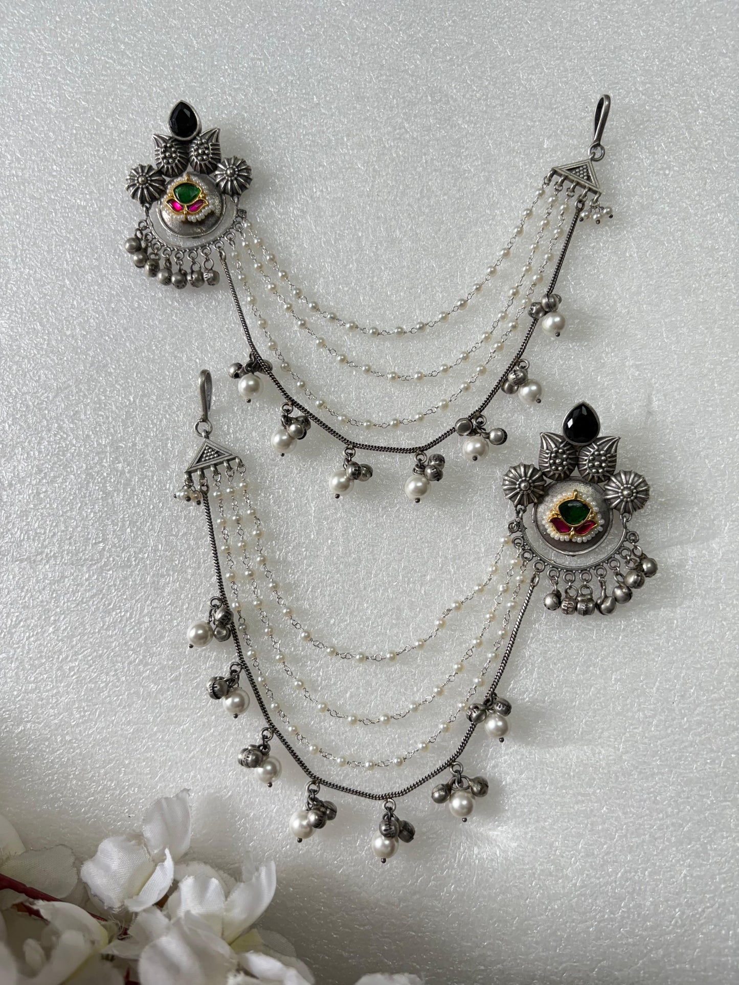 Antique Silver Long Ear Chain Earrings with Ghungroo & Pearl Layers – Traditional Ethnic Jewelry - Alankrent Luxe